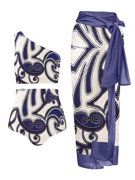 

Vacation Abstract Printing One Shoulder Bikini With Cover Up, Purple, swimwear>>Tankinis