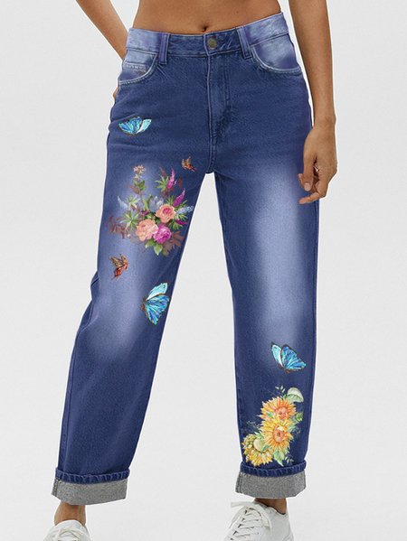 

Womens Butterfly Casual Printed Jeans, Blue, Jeans