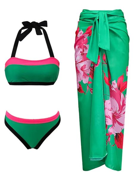 

Floral Vacation Scoop Neck Bikini With Cover Up, Green, Bikini Sets