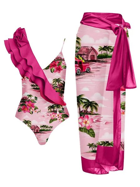 

V Neck Tropical Flouncing Vacation One Piece With Cover Up, Rose red, One-Pieces