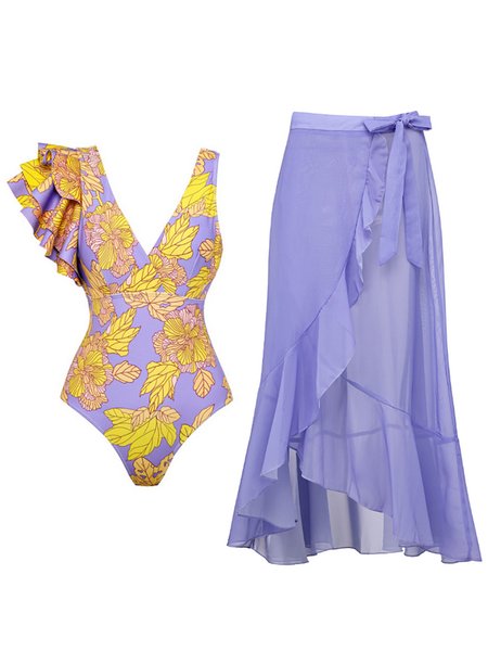 

Vacation Floral Printing One Piece With Cover Up, Purple, One-Pieces