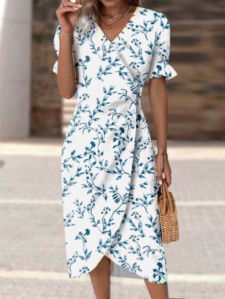 

Leaf Regular Fit Flare Sleeve Urban V Neck Dress, White, Dresses
