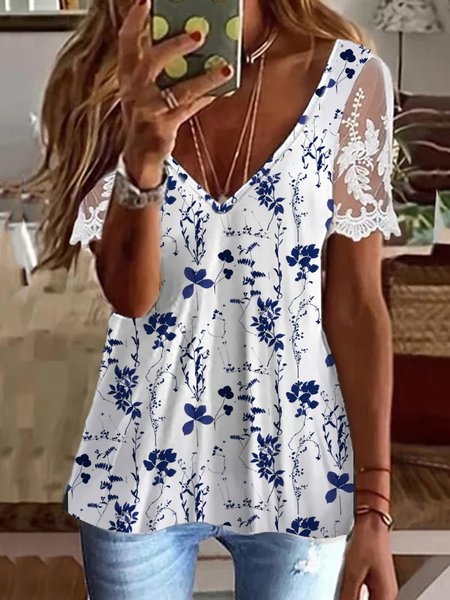 Lace Floral Casual V Neck tunic Shirt