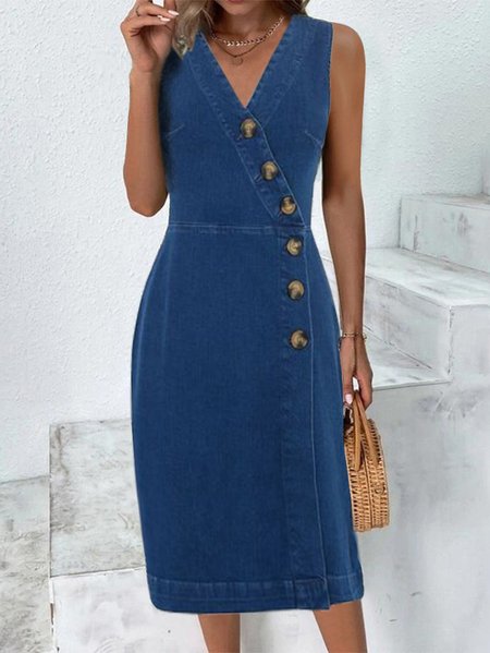

Plain Casual V Neck Denim Dress, Blue, Dresses
