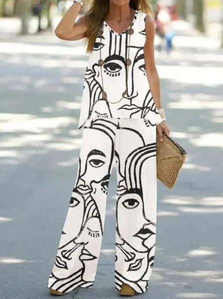 Abstract Crew Neck Loose Casual Two-Piece Set, White, Suit Set