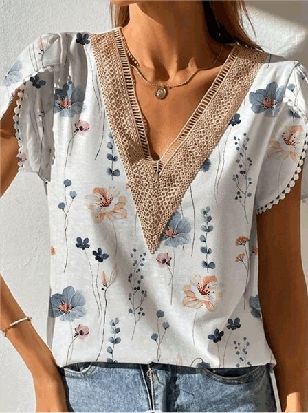 

Casual Lace Edge Petal Sleeve Floral Shirt, White, Shirts & Blouses