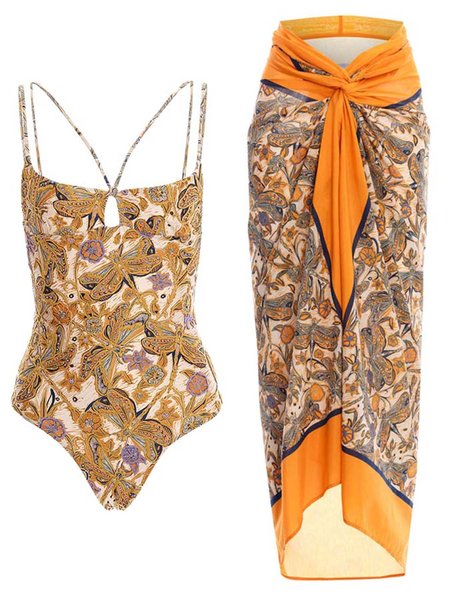 

Vacation Floral Scoop Neck One Piece With Cover Up, Orange, One-Pieces