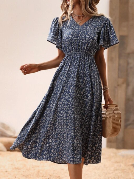 

V Neck Loose Floral Casual Dress, Blue, Dresses