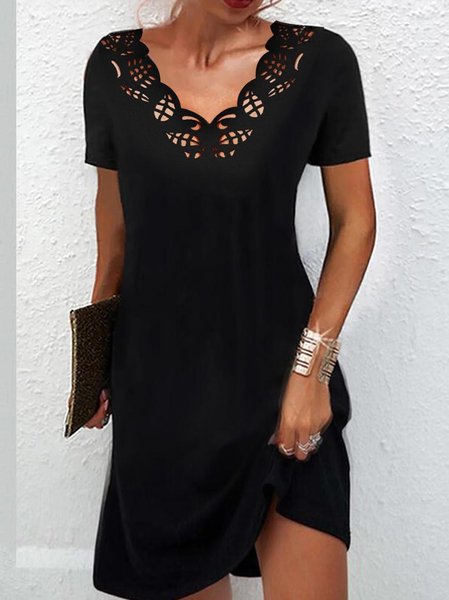 

V Neck Knitted Devore Simple Dress, Black, Dresses