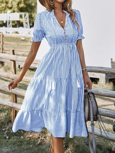 

Striped V Neck Loose Urban Dress, Blue, Dresses