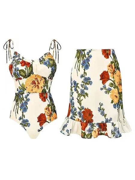 

Vacation Floral Printing V Neck One Piece With Cover Up, Multicolor, Coverups