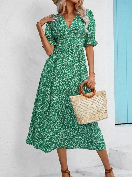 

Vacation Loose V Neck Floral Dress, Green, Dresses
