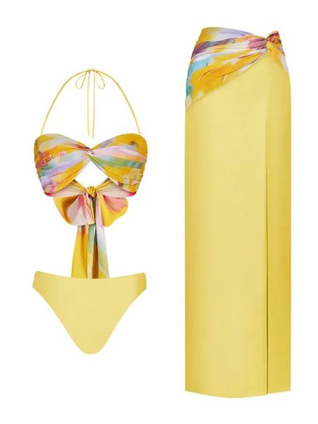 

Scoop Neck Printing Vacation Abstract Bikini With Cover Up, Yellow, Bikini Sets
