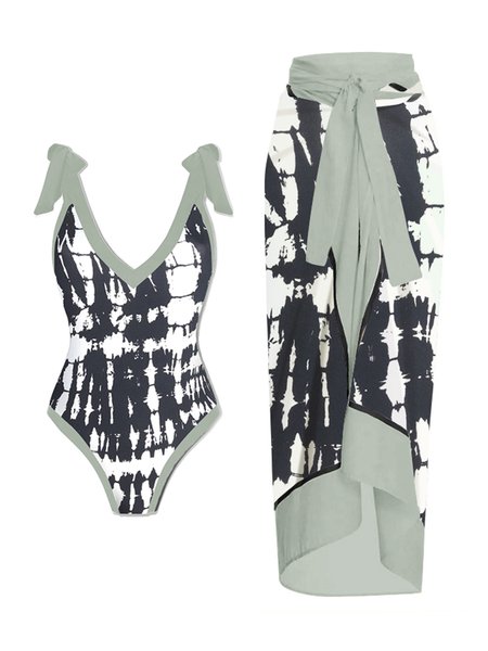 

Vacation Tie-Dye Pattern Printing V Neck One Piece With Cover Up, Black-white, One-Pieces