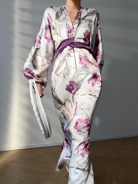 

Party Floral Elegant Satin Regular Fit Dress, White, Maxi Dresses
