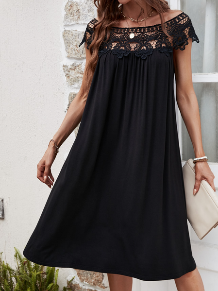 

Crew Neck Elegant Loose Plain Lace Dress, Black, Dresses