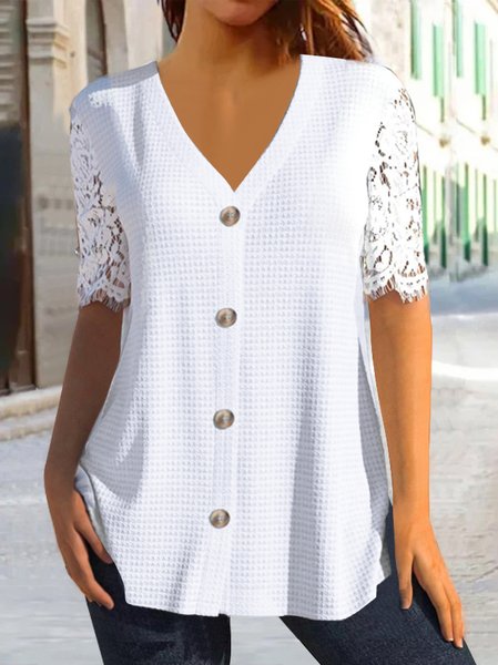 

Women Elegant Button V Neck Hollow Out Mesh Lace Short Sleeve Tunic Top, White, Tunics