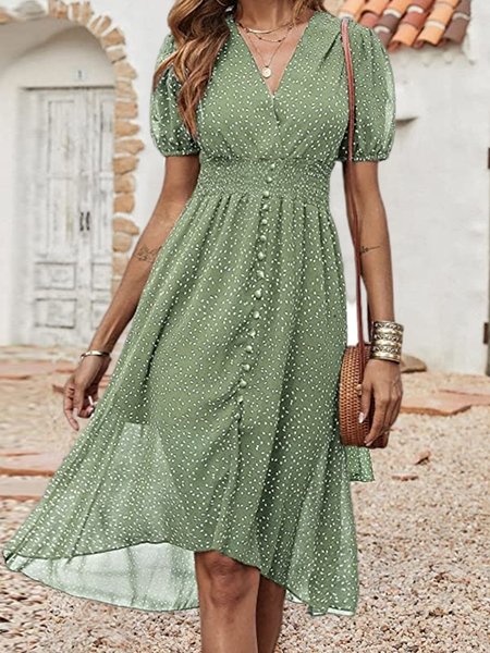 

Women's Floral Wrap V-Neck Midi Dress Short Sleeve Boho Summer Beach Long Dress High Low Hem Smocked Dress, Green, Dresses
