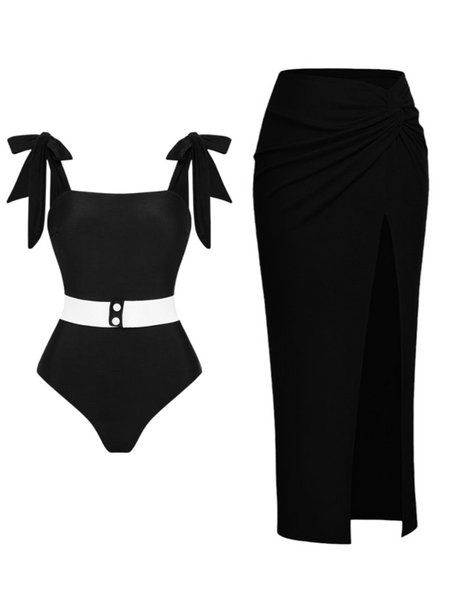 

Elegant Color Block Scoop Neck One Piece With Cover Up, Black, One-Pieces