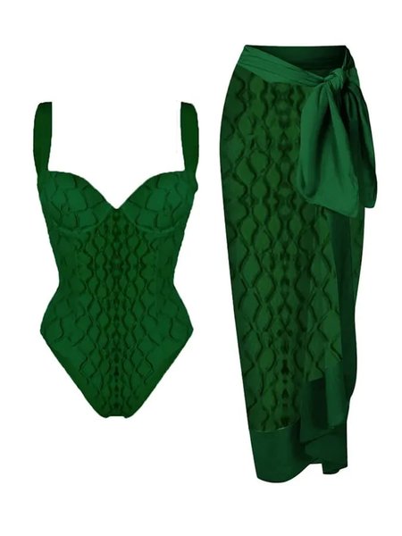 

Vacation Geometric Printing Notched One Piece With Cover Up, Green, One-Pieces
