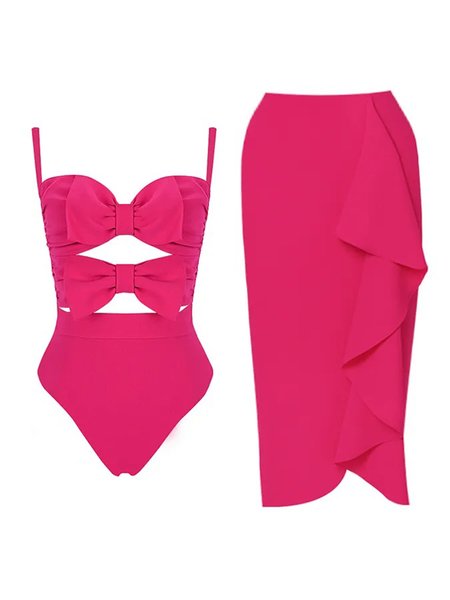 

Scoop Neck Vacation Plain One Piece With Cover Up, Rose red, One-Pieces