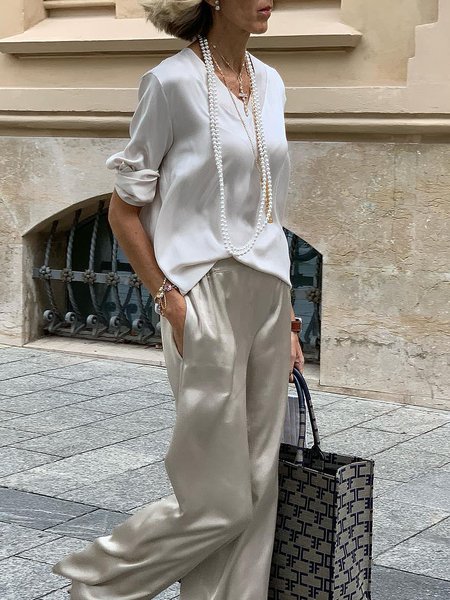 

Loose Plain Casual V Neck Shirt, White, Blouses and Shirts