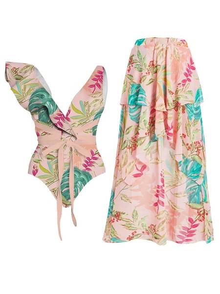 

Vacation Floral Printing V Neck One Piece With Cover Up, Pink, One-Pieces