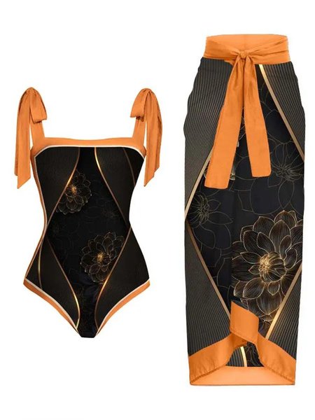

Floral Square Neck Vacation Printing One Piece With Cover Up, Black, swimwear>>Bikini Sets