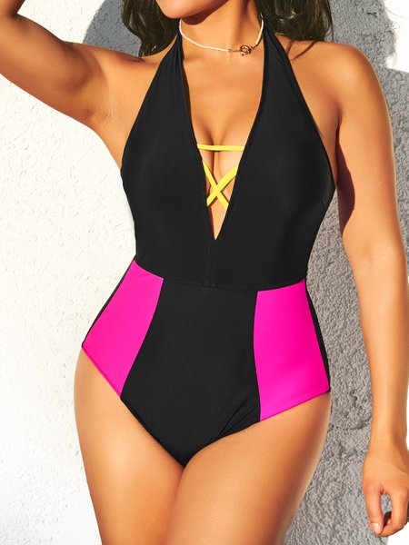 

Color Block Casual V Neck One-Piece, Rose red, One-Pieces