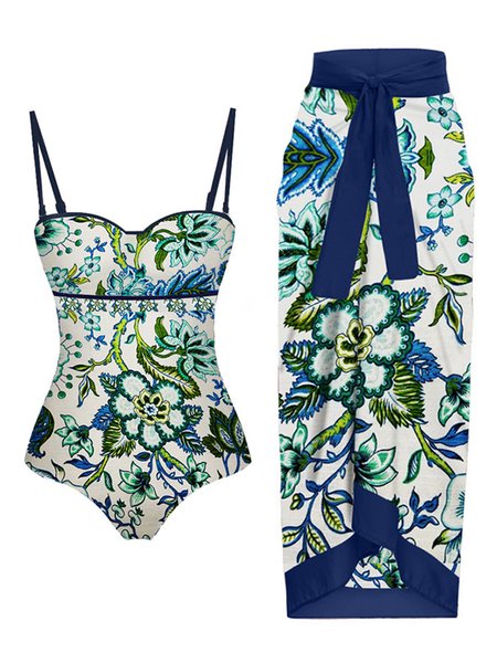 

Vacation Floral Printing Scoop Neck One Piece With Cover Up, Blue, One-Pieces