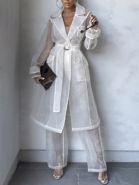 

Lapel Collar Plain Elegant Long sleeve Kimono, White, Kimonos