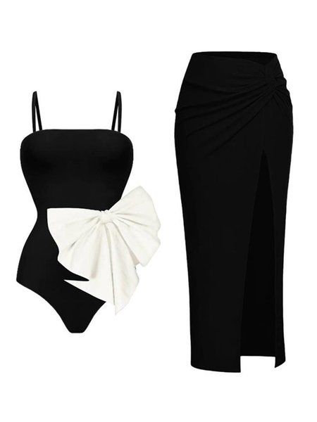 

Elegant Bow Square Neck Plain One Piece With Cover Up, Black, One-Pieces