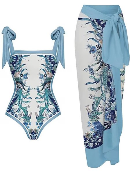 

Plants Vacation Printing One Piece With Cover Up, Blue, One-Pieces