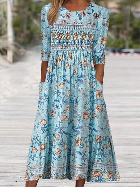 

Loose Vacation Crew Neck Floral Women's Half Sleeve Scoop Neck Graphic Floral Printed Midi Dress, Blue, Dresses