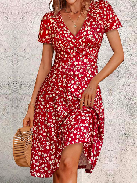 

V Neck Loose Vacation Floral Dress, Red, Dresses