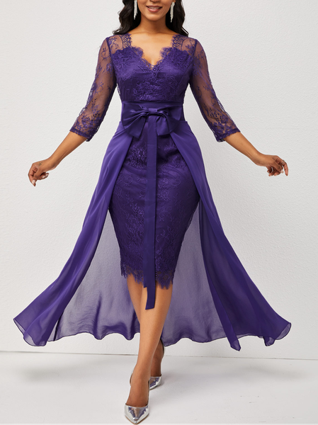 

Lace Floral Elegant V Neck Dress, Purple, Maxi Dresses