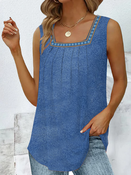 

Casual Loose Jersey Square Neck Denim Blue Tank Top, Tanks & Camis