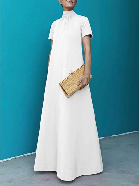 

Elegant Short sleeve Half Turtleneck Plain Dress, White, Maxi Dresses
