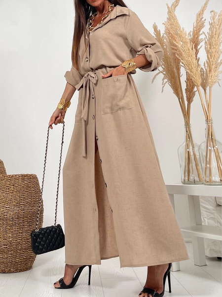 

Loose Shirt Collar Long sleeve Urban Long Dress, Apricot, Maxi Dresses