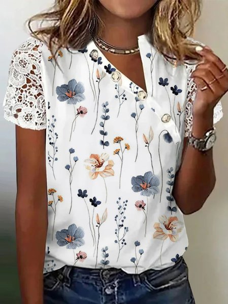 Floral Lace Asymmetrical Casual T Shirt
