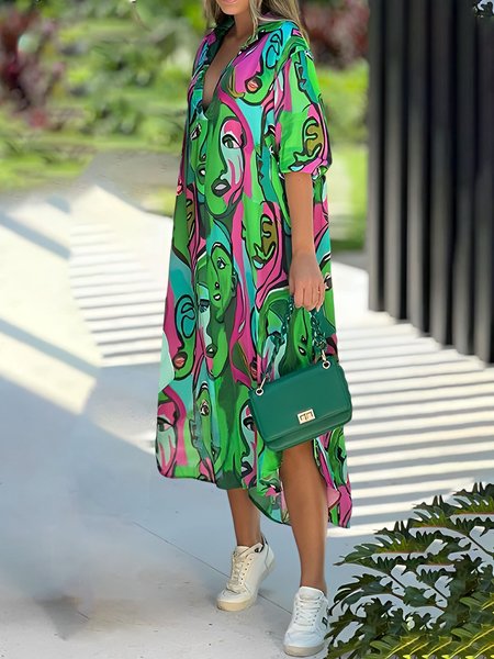 

Loose Shirt Collar Random Print Casual Dress, Green, Midi Dresses