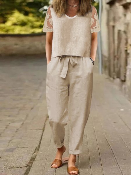 

Crew Neck Casual Lace Two-Piece Set, Khaki, Suits