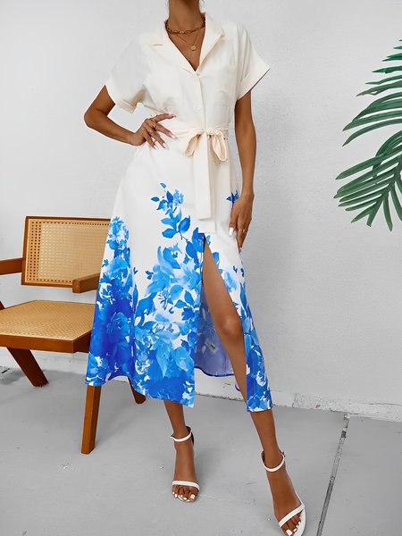 

Shirt Collar Blue Floral Urban Dress, Midi Dresses