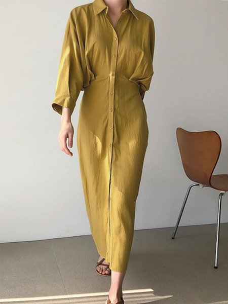 

Regular Fit Shirt Collar Elegant Plain Dress, Yellow brown, Midi Dresses