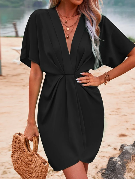 

Plain Loose V Neck Casual Solid Twist Front Batwing Sleeve Dress, Black, Dresses