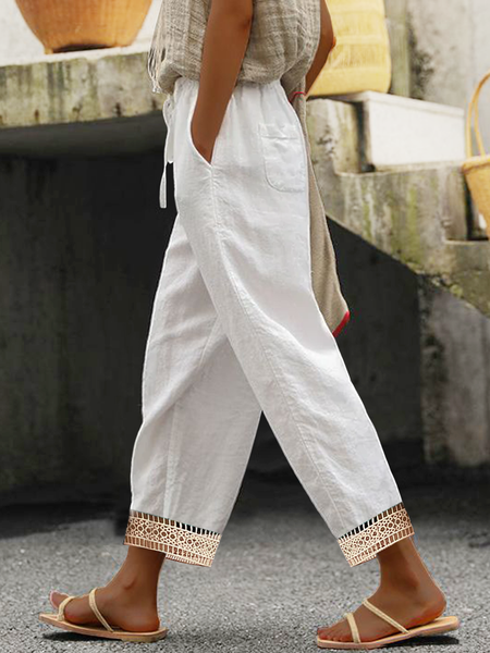 

Linen Lace Plain Cotton And Linen Pants, White, Pants
