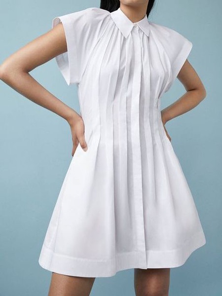 

Regular Fit Plain Urban Shirt Collar Short sleeve Sleeveless Dress, White, Mini Dresses