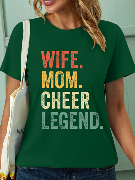 

Women’s Wife Mom Cheer Legend Text Letters Casual T-Shirt, Green, T-shirts