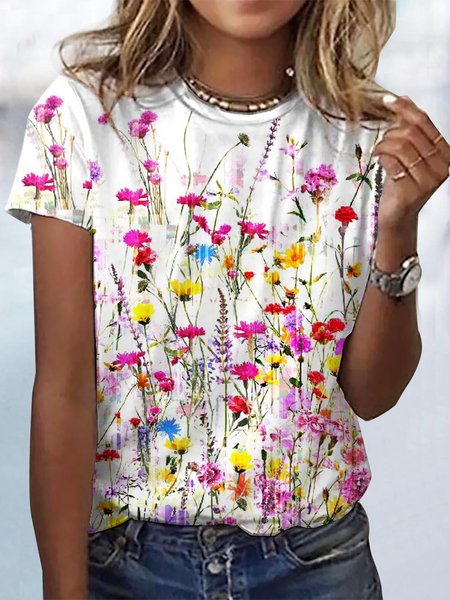 

Floral Crew Neck Casual Loose T-Shirt, Pink, T-Shirts