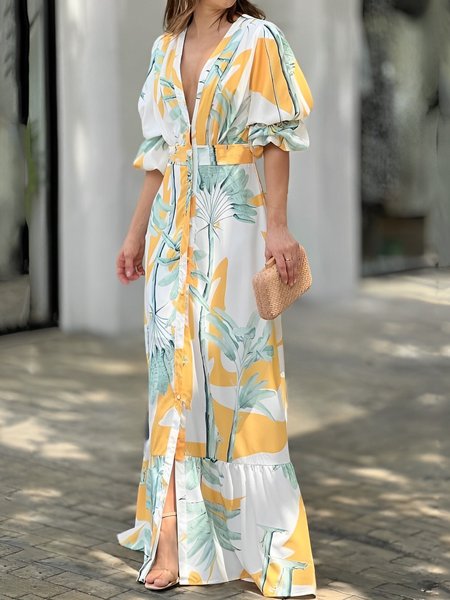 

V Neck Loose Vacation Lantern Sleeve Dress, As picture, Maxi Dresses